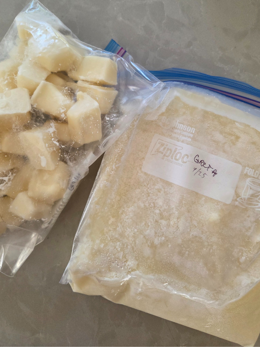 Frozen goat milk cubes and freezer bag for long-term storage