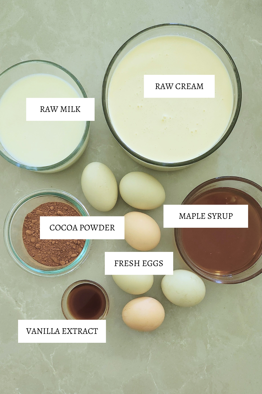 ingredients on table for raw milk chocolate ice cream