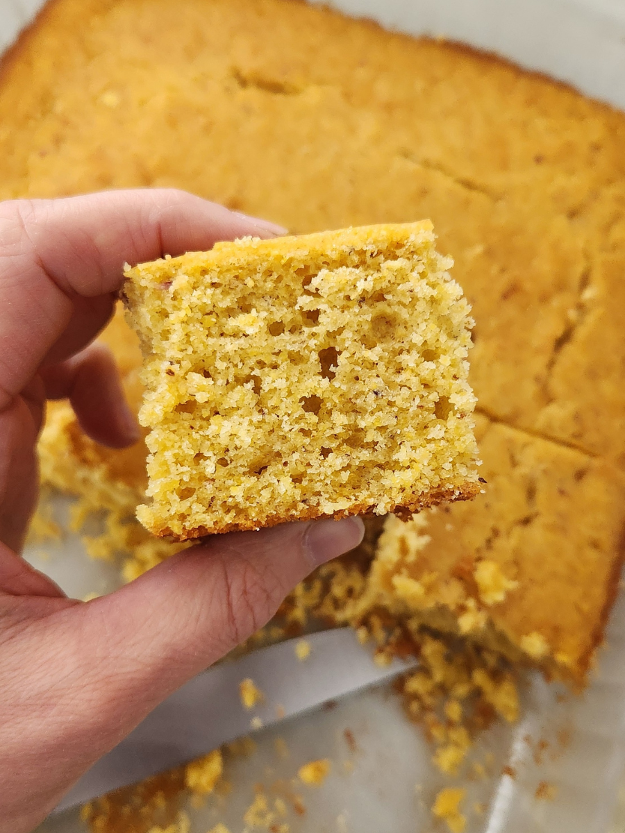 woman's hand holding fully piece of cornbread up close
