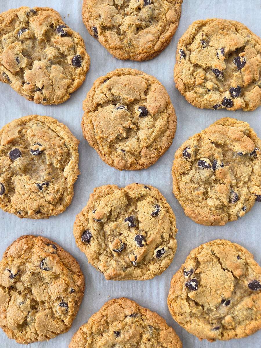 Fresh milled flour chocolate chip cookies with crisp golden edges and soft, chewy centers baking on parchment paper.