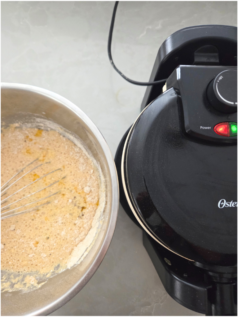 Fresh milled flour waffle batter mixed and ready to cook