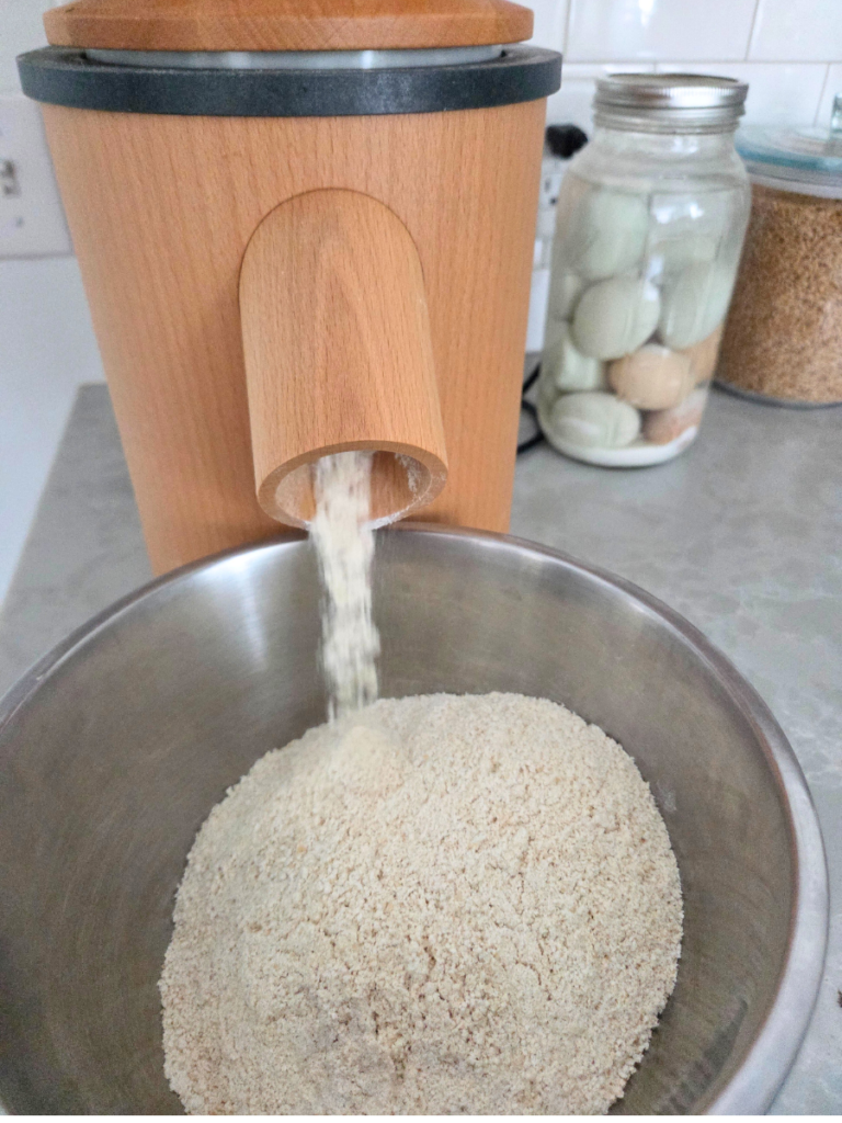 Freshly milled hard white wheat flour flowing from a grain mill into a bowl