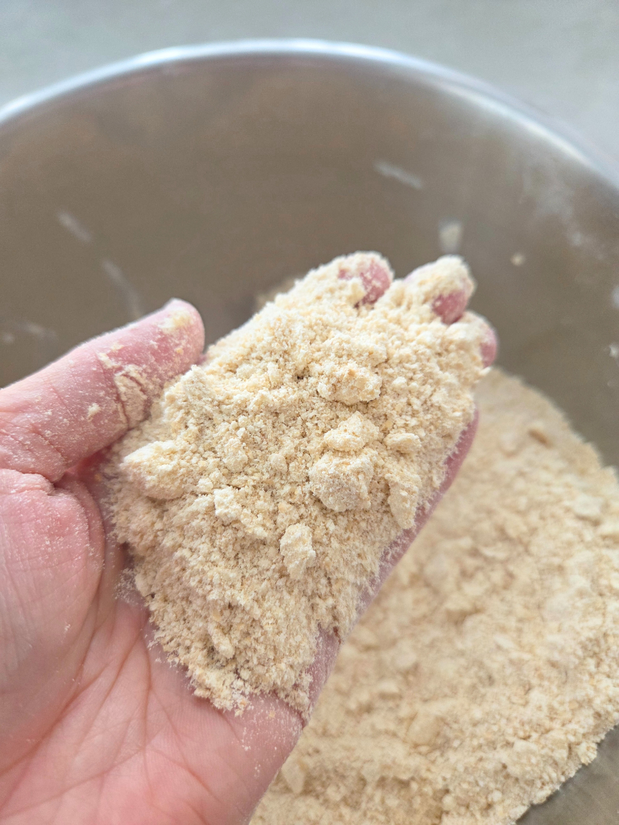 Fresh milled flour and butter mixture with a coarse, crumbly texture