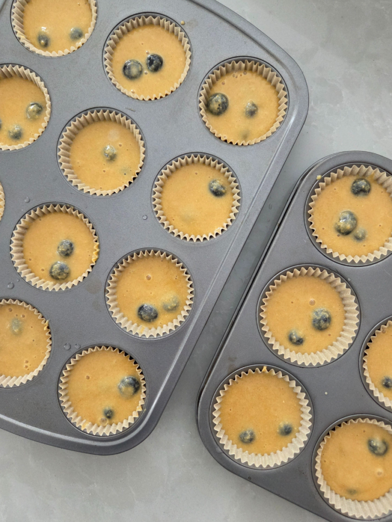 Unbaked fresh milled flour blueberry muffins filled evenly in a muffin pan.