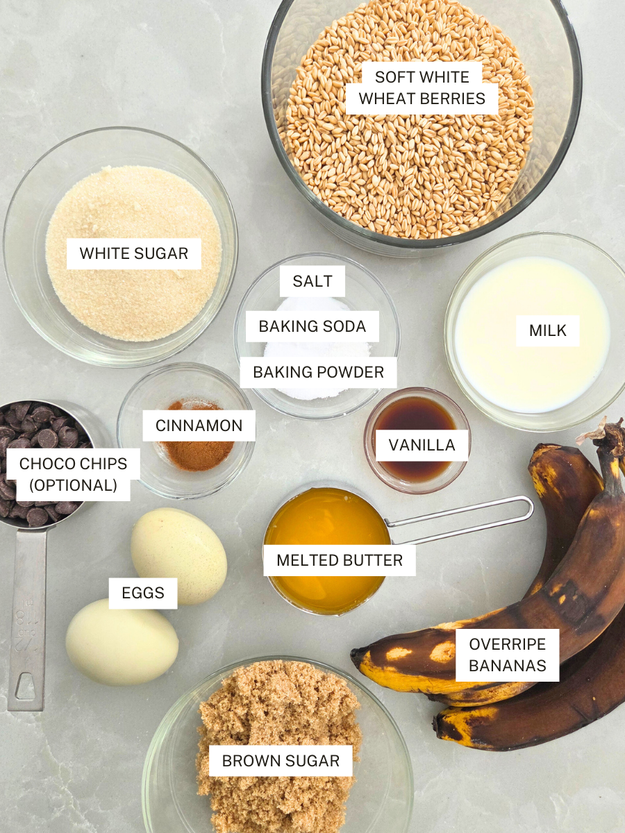 Ingredients for fresh milled banana bread with soft white wheat berries, overripe bananas, sugar, eggs, milk, and butter.