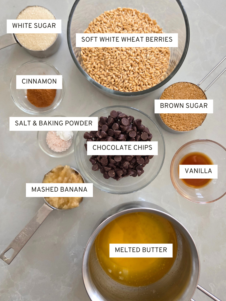 Ingredients for banana bread blondies with fresh milled flour, wheat berries, butter, sugar, and chocolate chips
