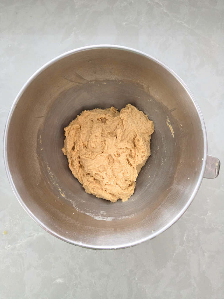 Breadstick dough just mixed, forming a shaggy dough in a stand mixer bowl.