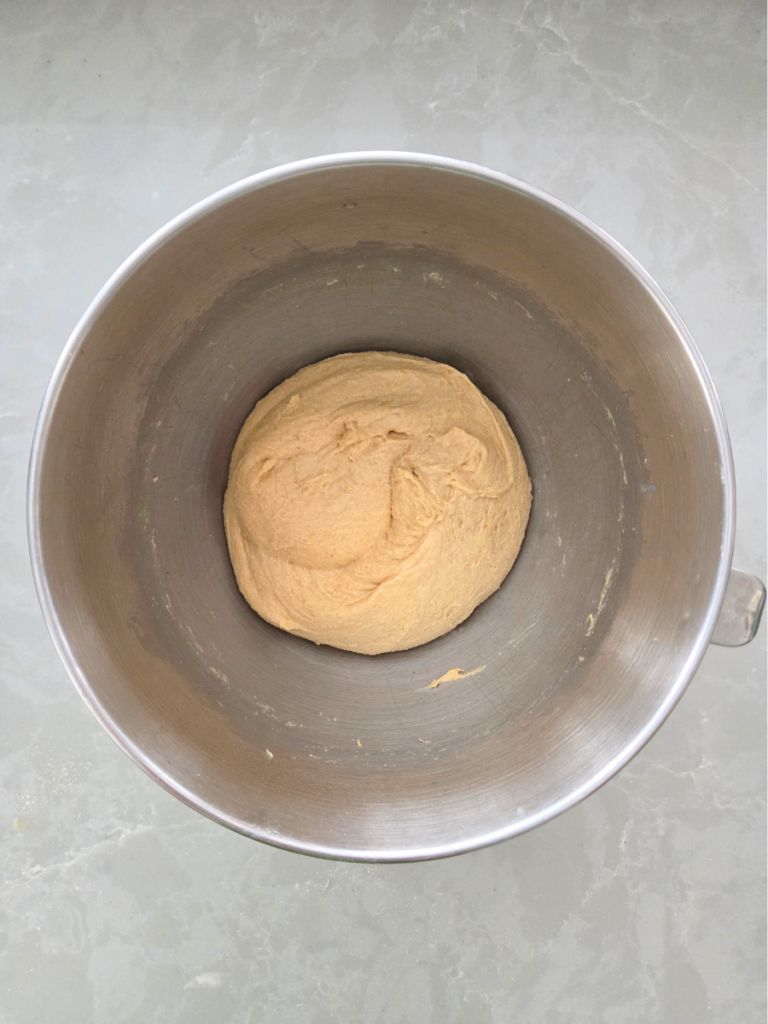 Smooth and elastic fresh milled dough after kneading in a stand mixer.