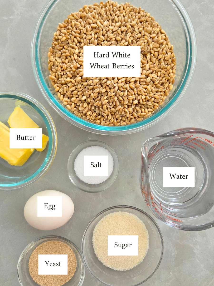 Ingredients for breadsticks including hard white wheat berries, butter, egg, yeast, sugar, salt, and water,