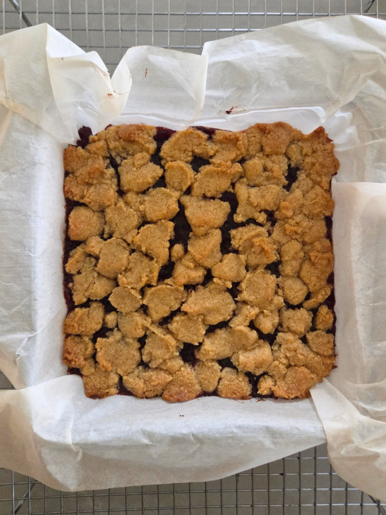 Fresh milled flour jam bars baked until golden with crumb topping