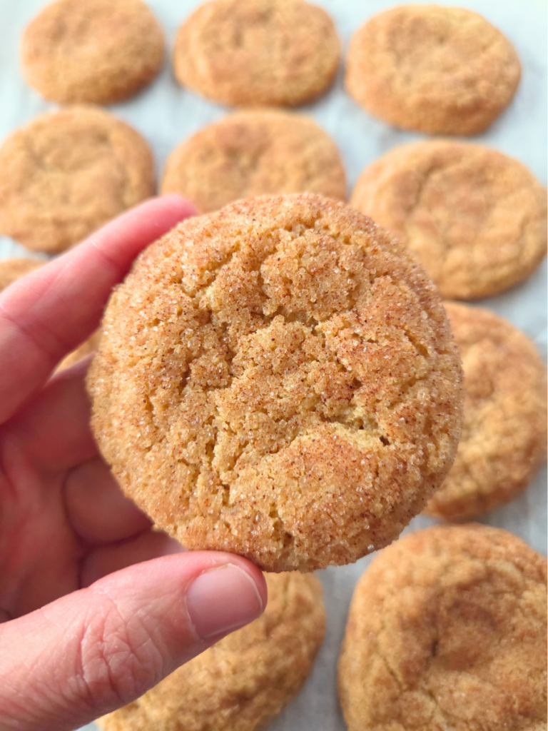 Hand holding a homemade snickerdoodle cookie made with fresh milled flour