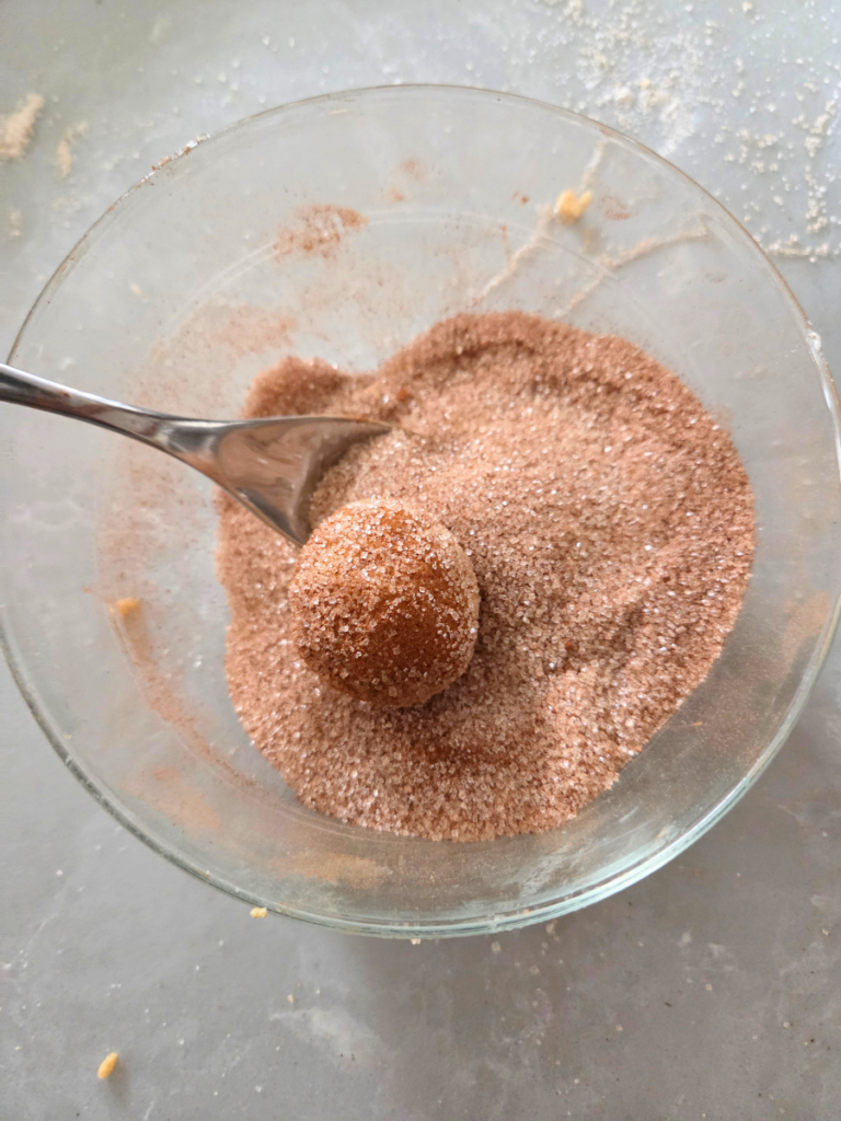 Snickerdoodle cookie dough rolled in cinnamon sugar coating before baking.