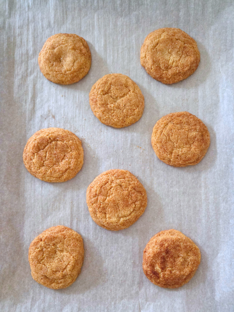 Fresh baked freshly milled snickerdoodle cookies cooling on parchment paper after baking.