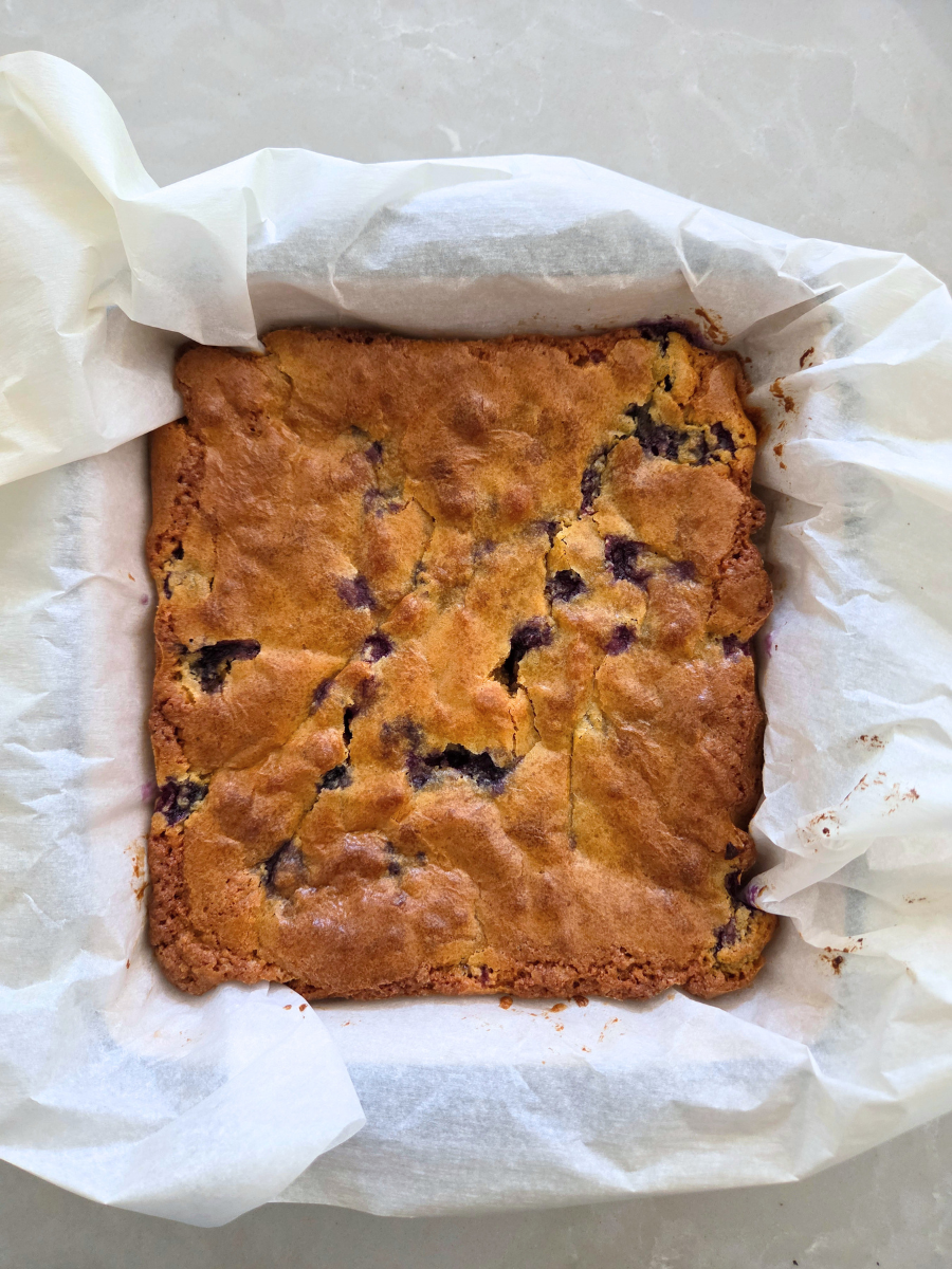 Fresh milled flour blueberry blondies baked in a parchment-lined square pan with a golden brown top and juicy blueberries throughout.