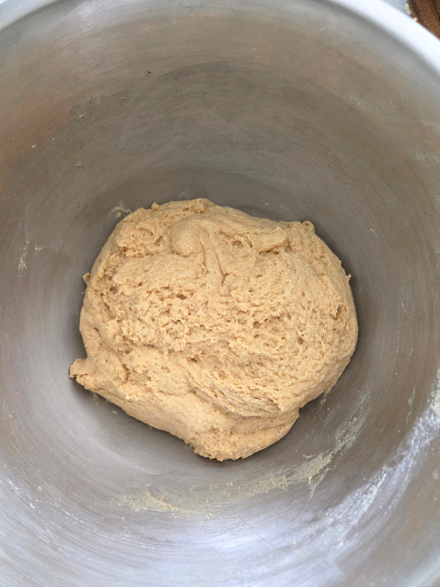 Freshly mixed dough in a metal bowl before kneading.