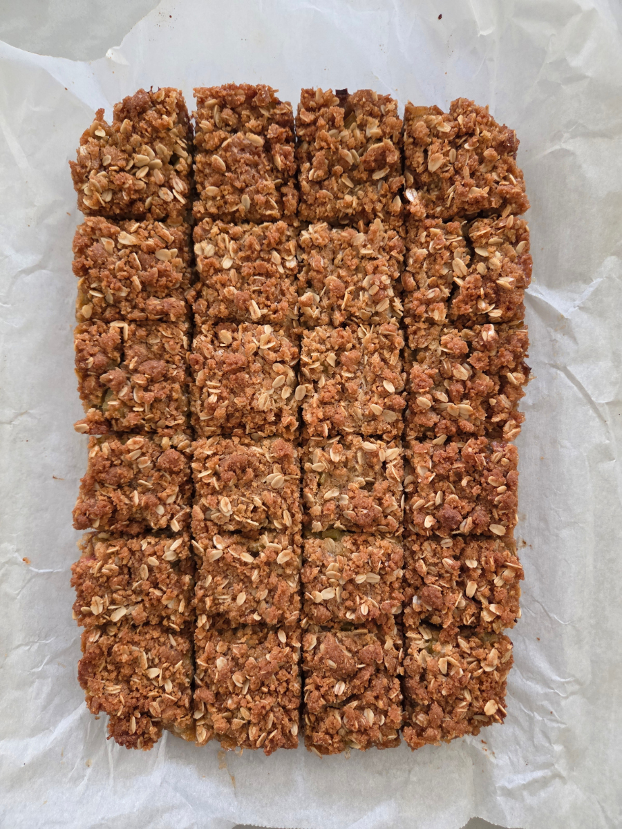 Fresh Milled Flour Rhubarb Crumble Bars cooled and cut into squares, ready to serve.