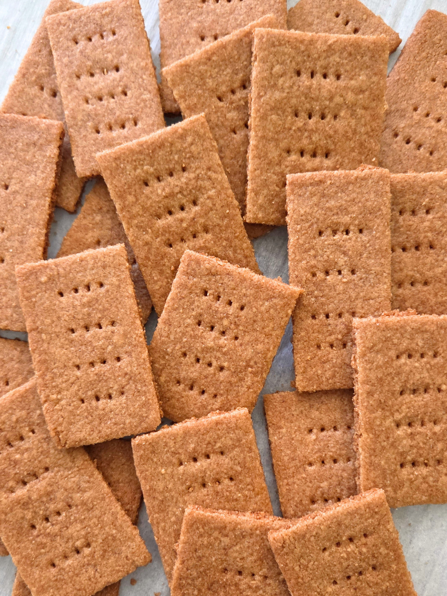 Homemade fresh milled flour graham crackers baked until golden brown and crisp.