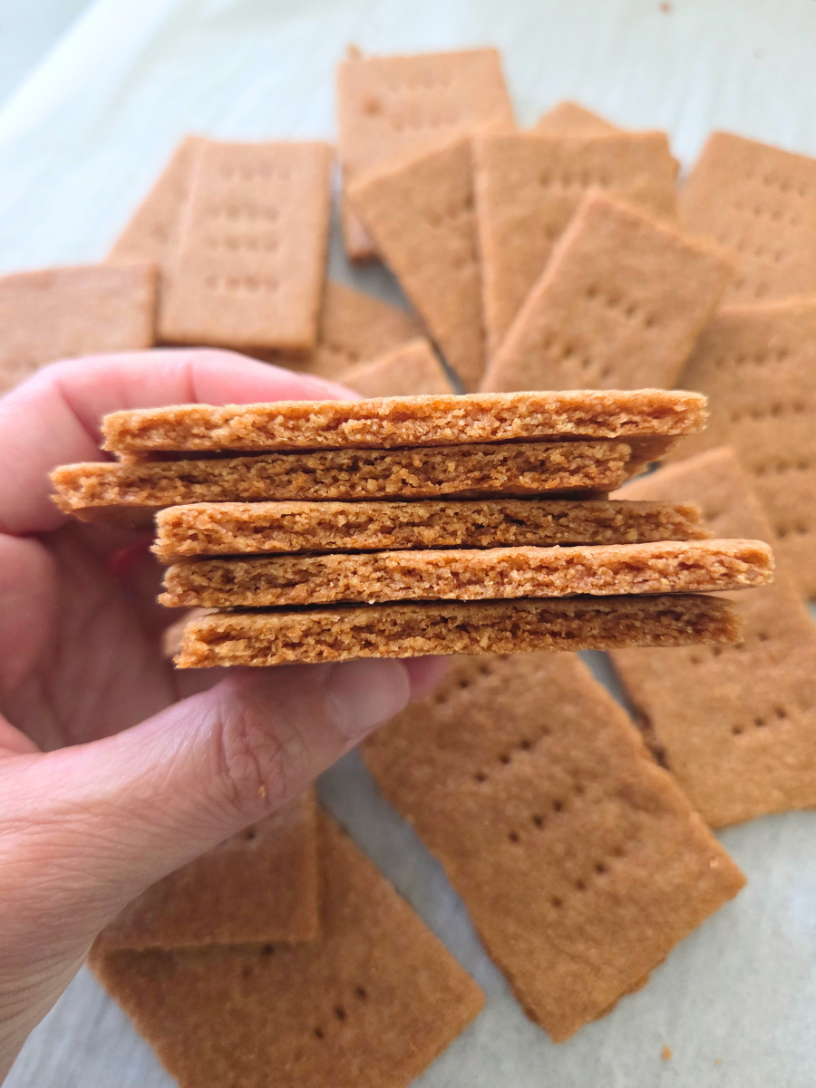 Crispy whole grain graham crackers showing the thin, crunchy whole grain texture.