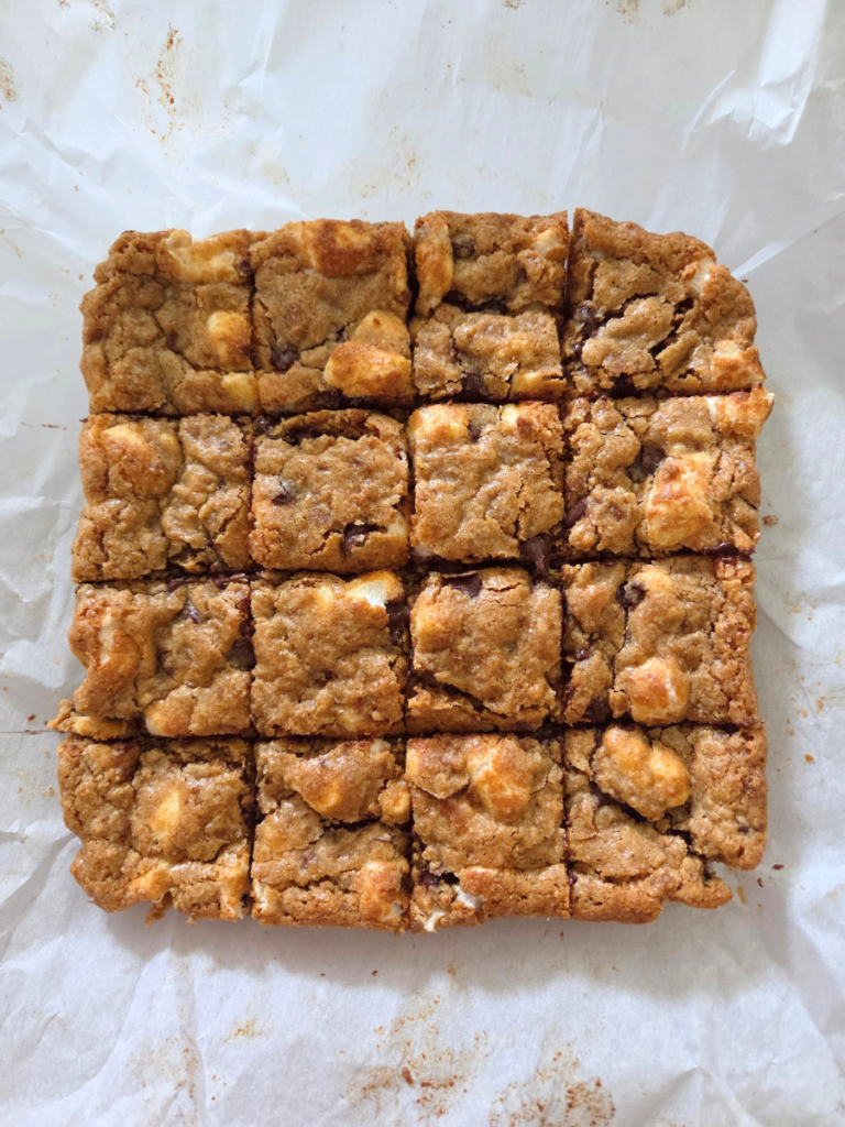 Homemade s'mores bars cut into squares after cooling in the baking pan.
