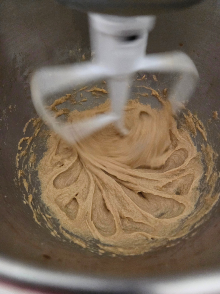 Butter and brown sugar creamed together in a stand mixer until light and fluffy.