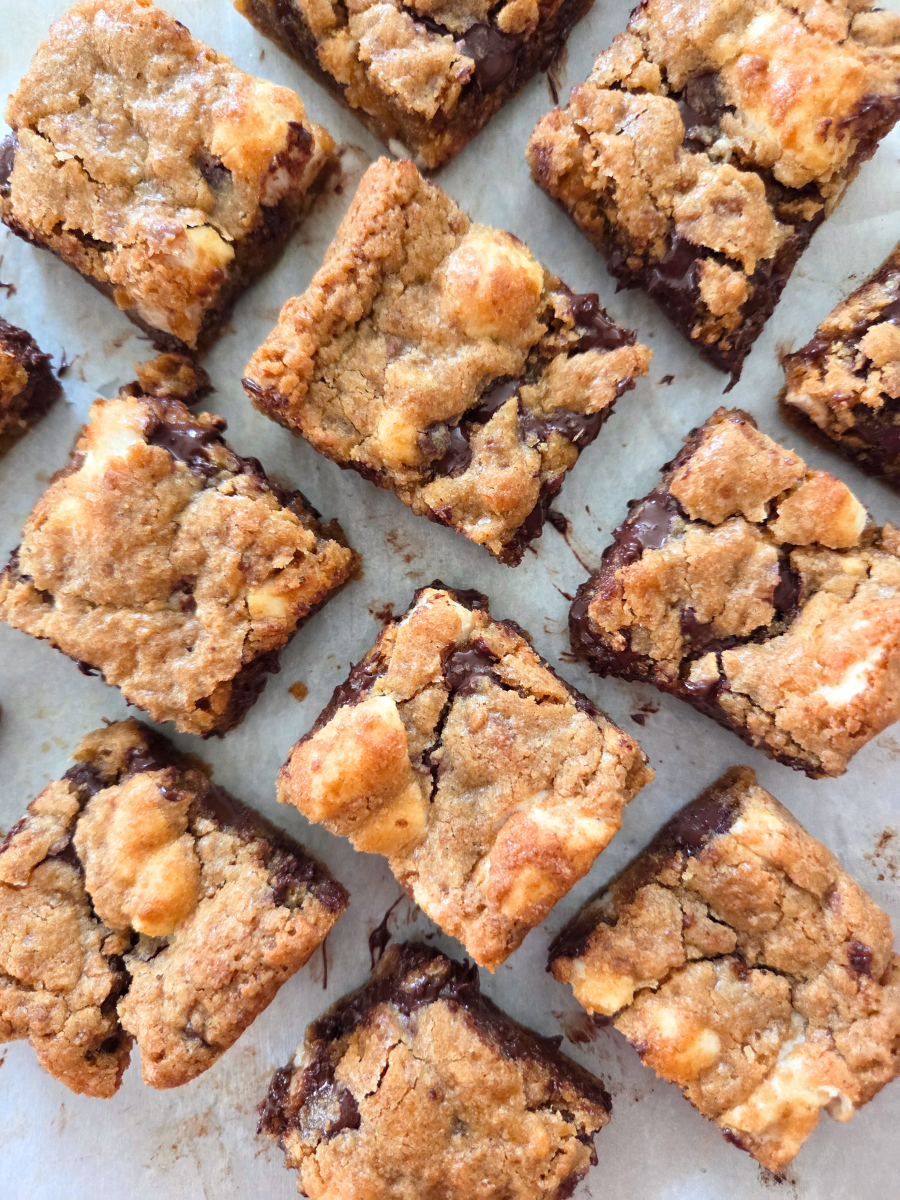 Fresh milled flour s'mores bars cut into squares with golden tops, chocolate, and marshmallow filling.