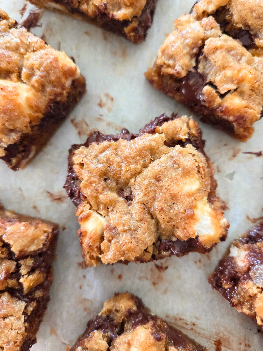 Gooey fresh milled flour s'mores bars with melted chocolate, toasted marshmallows, and a soft chewy graham cracker cookie layer.