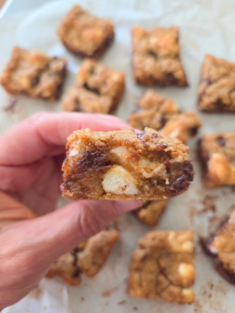 Gooey s'mores bar showing melted chocolate and marshmallow center.