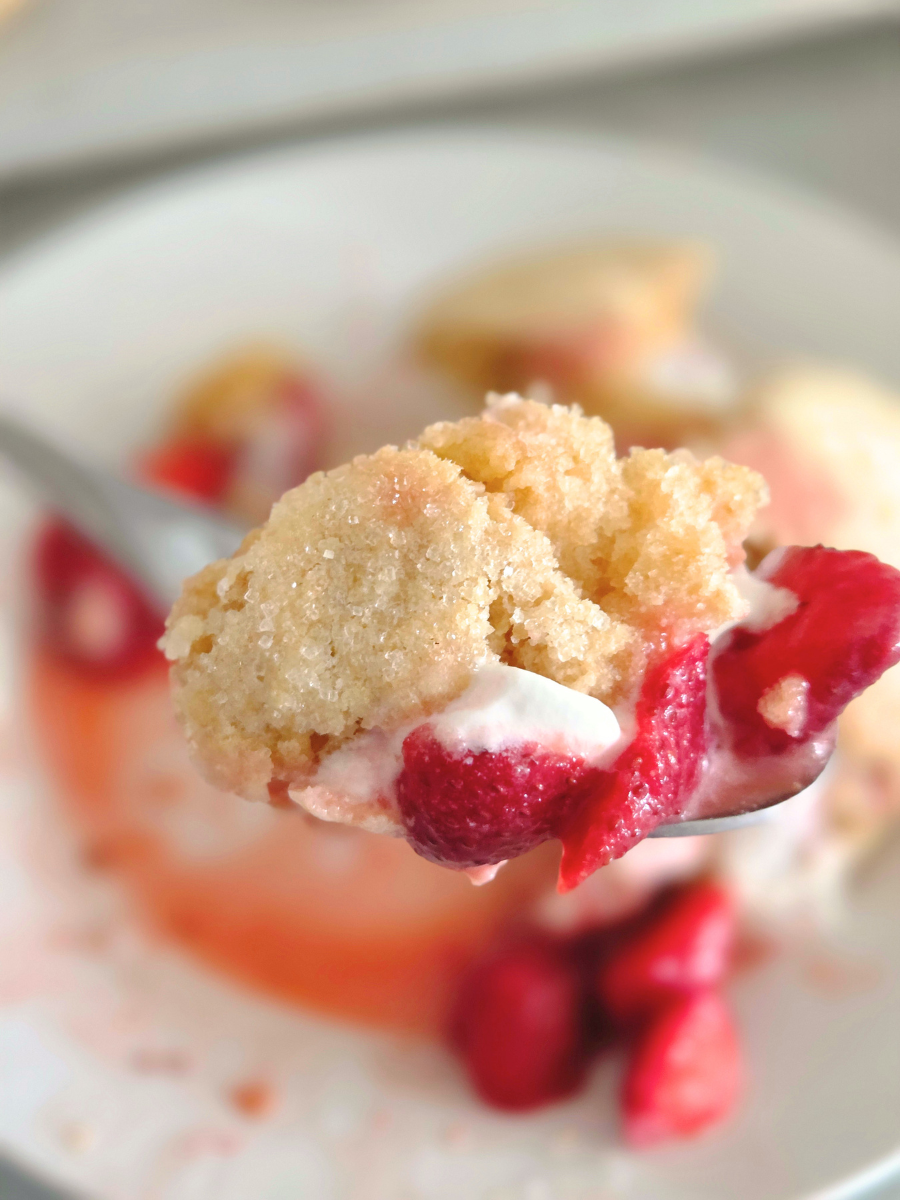 Bite of whole grain strawberry shortcake showing a light fluffy biscuit crumb with strawberries and whipped cream.