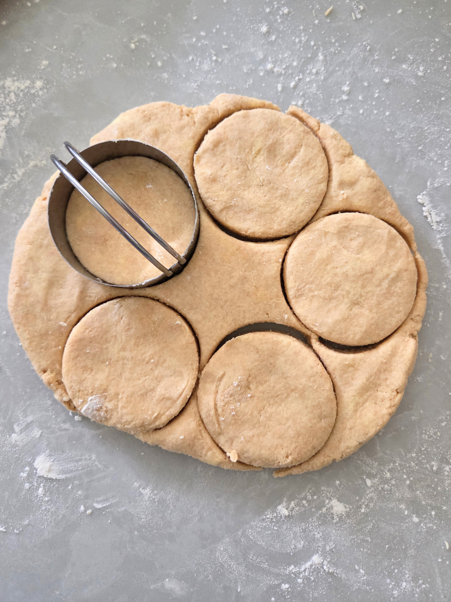 Cutting homemade shortcakes with a biscuit cutter before baking.