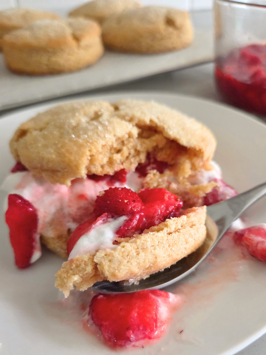 Fresh milled flour strawberry shortcake showing a light tender biscuit crumb with strawberries and whipped cream.
