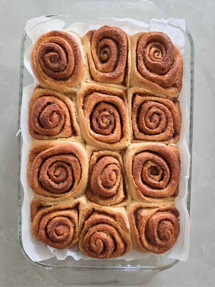 Freshly baked freshly milled flour cinnamon rolls before adding the cream cheese frosting.