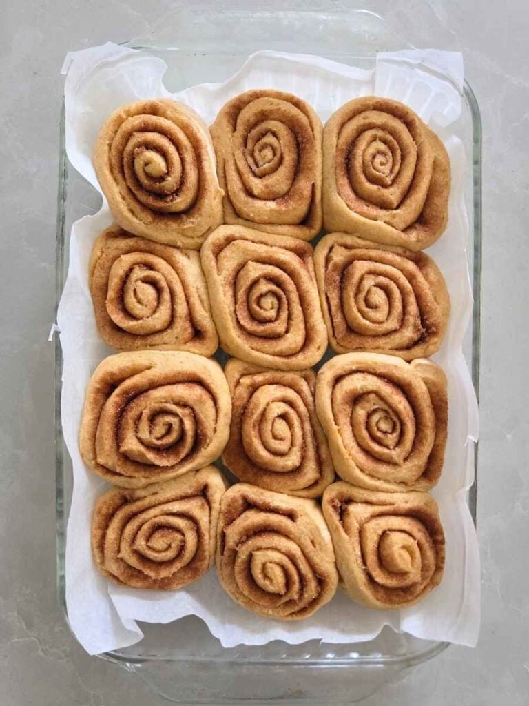 Cinnamon rolls after the second rise, ready to bake.