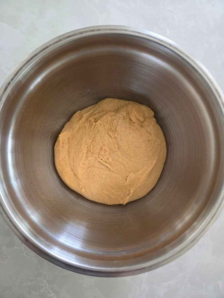 Cinnamon roll dough before the first rise in a mixing bowl.