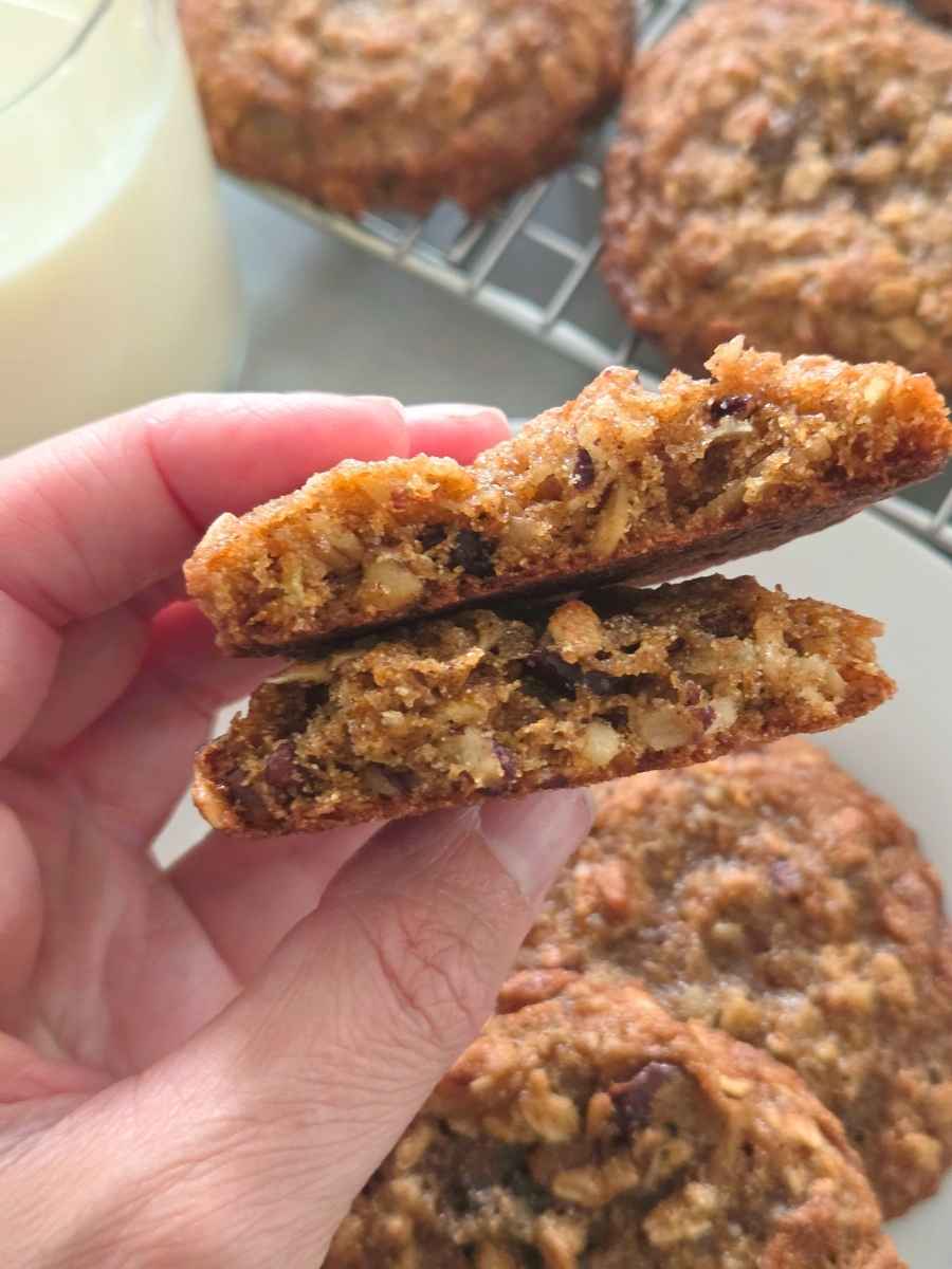Inside of a fresh milled flour cowboy cookie showing oats, pecans, coconut, and chocolate chips