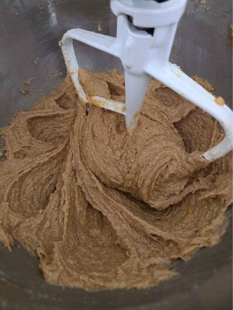 Creamed butter and brown sugar for fresh milled flour cowboy cookies