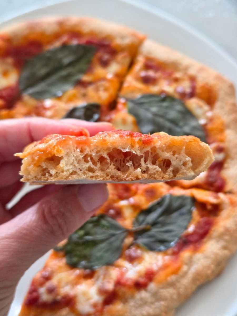 Fresh milled flour pizza dough showing a light, airy and chewy crust
