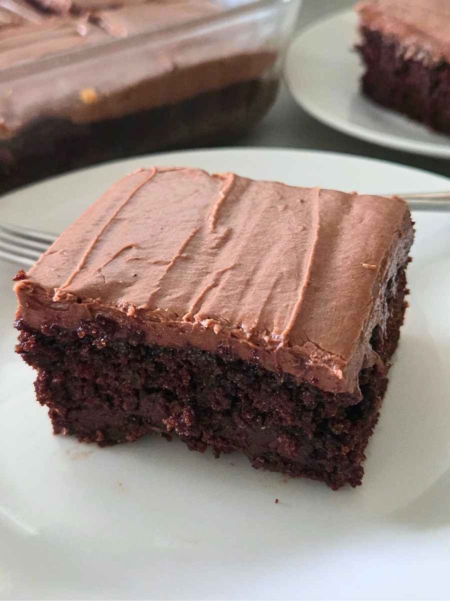 Fresh milled flour chocolate zucchini cake topped with creamy chocolate frosting, showing its rich, moist brownie-like crumb.