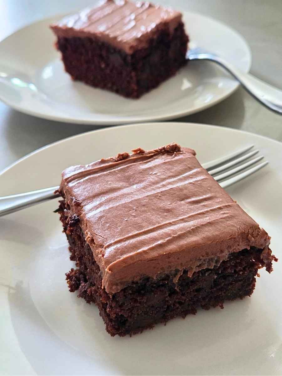 Slice of chocolate zucchini cake with a moist, brownie-like crumb and creamy chocolate frosting.