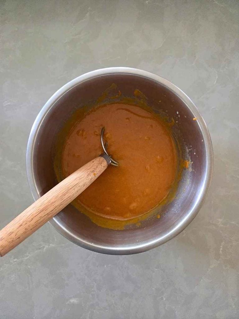 Wet and dry ingredients mixed together to make the pumpkin batter.
