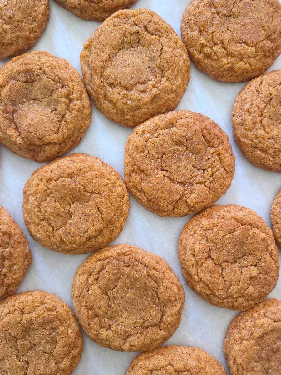 Pumpkin snickerdoodle cookies made with fresh milled flour and coated in cinnamon sugar