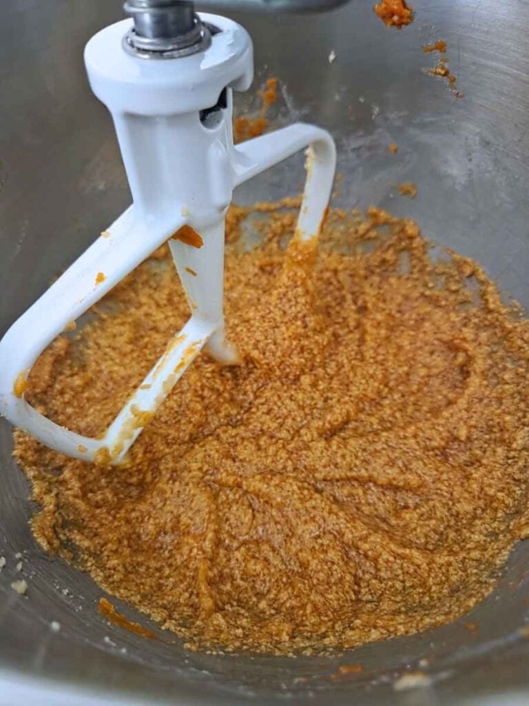 Pumpkin puree, egg, and vanilla mixed into the creamed butter and sugar.