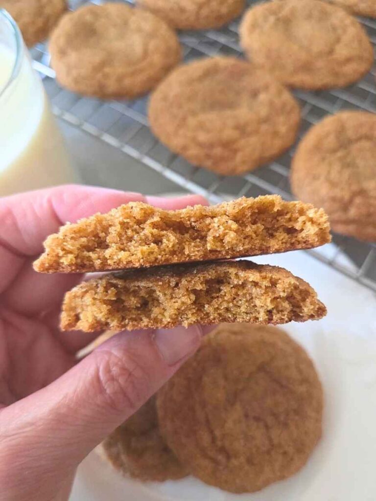 Broken fresh milled flour pumpkin snickerdoodle showing the soft, chewy center.