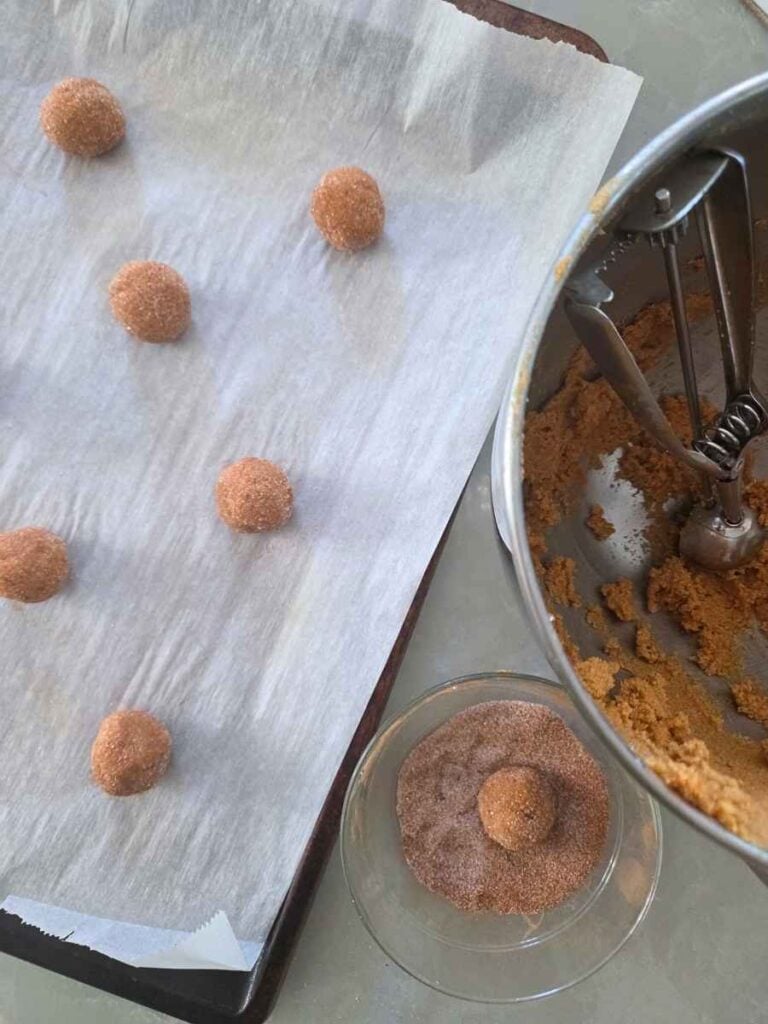Cookie dough portioned into balls and rolled in cinnamon sugar.