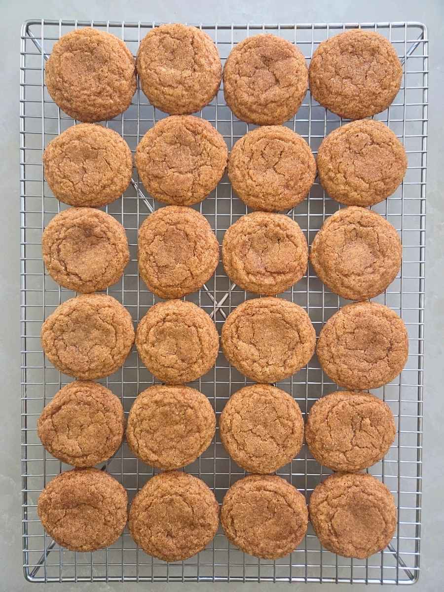 Fresh milled flour pumpkin snickerdoodles cooling in rows on a wire rack.
