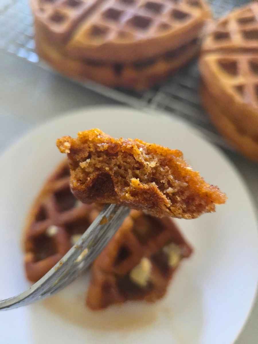Close-up of a bite of pumpkin waffle showing the soft inside