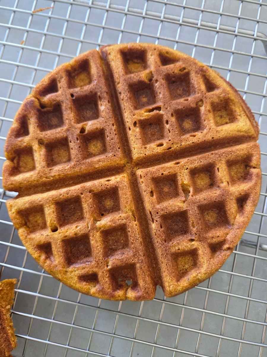 Fresh milled flour pumpkin waffle cooling on a wire rack