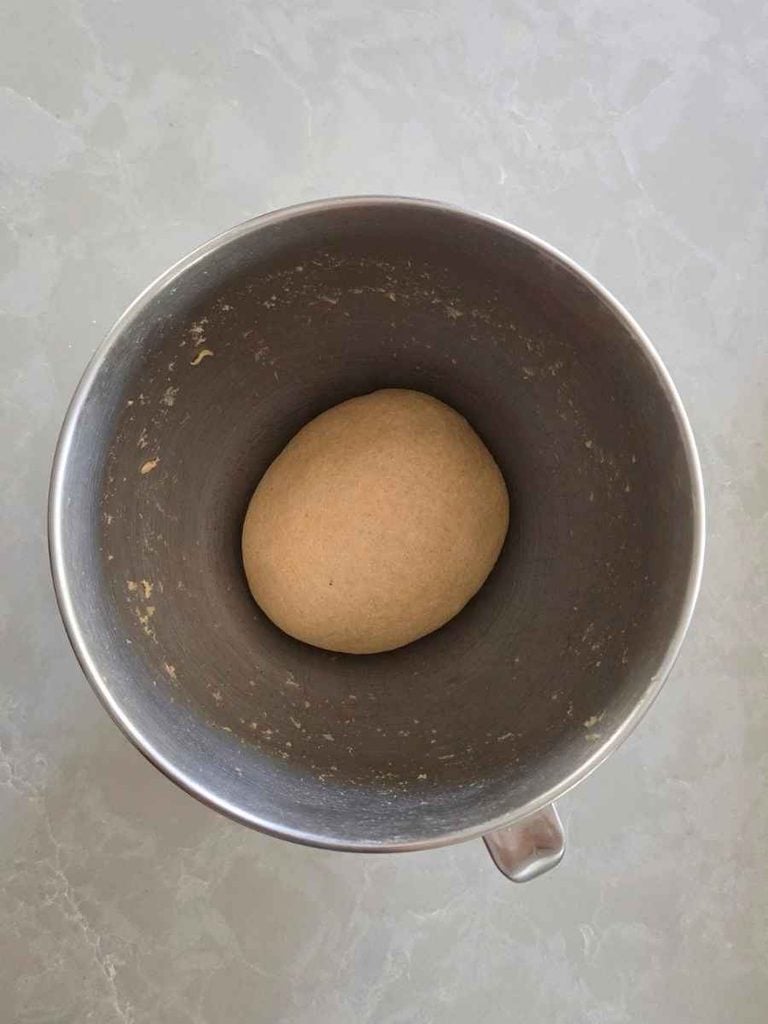 Smooth ball of kneaded whole wheat bread dough resting in a stainless steel mixing bowl before the first rise.