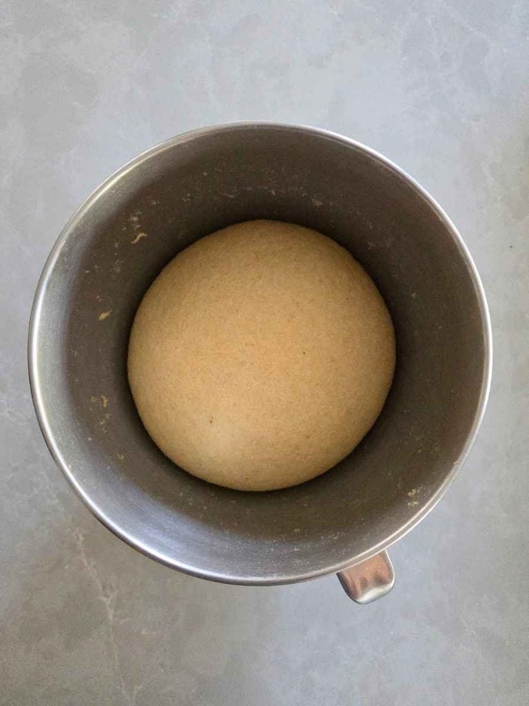 Whole wheat bread dough after the first rise, expanded to approximately double its original size.