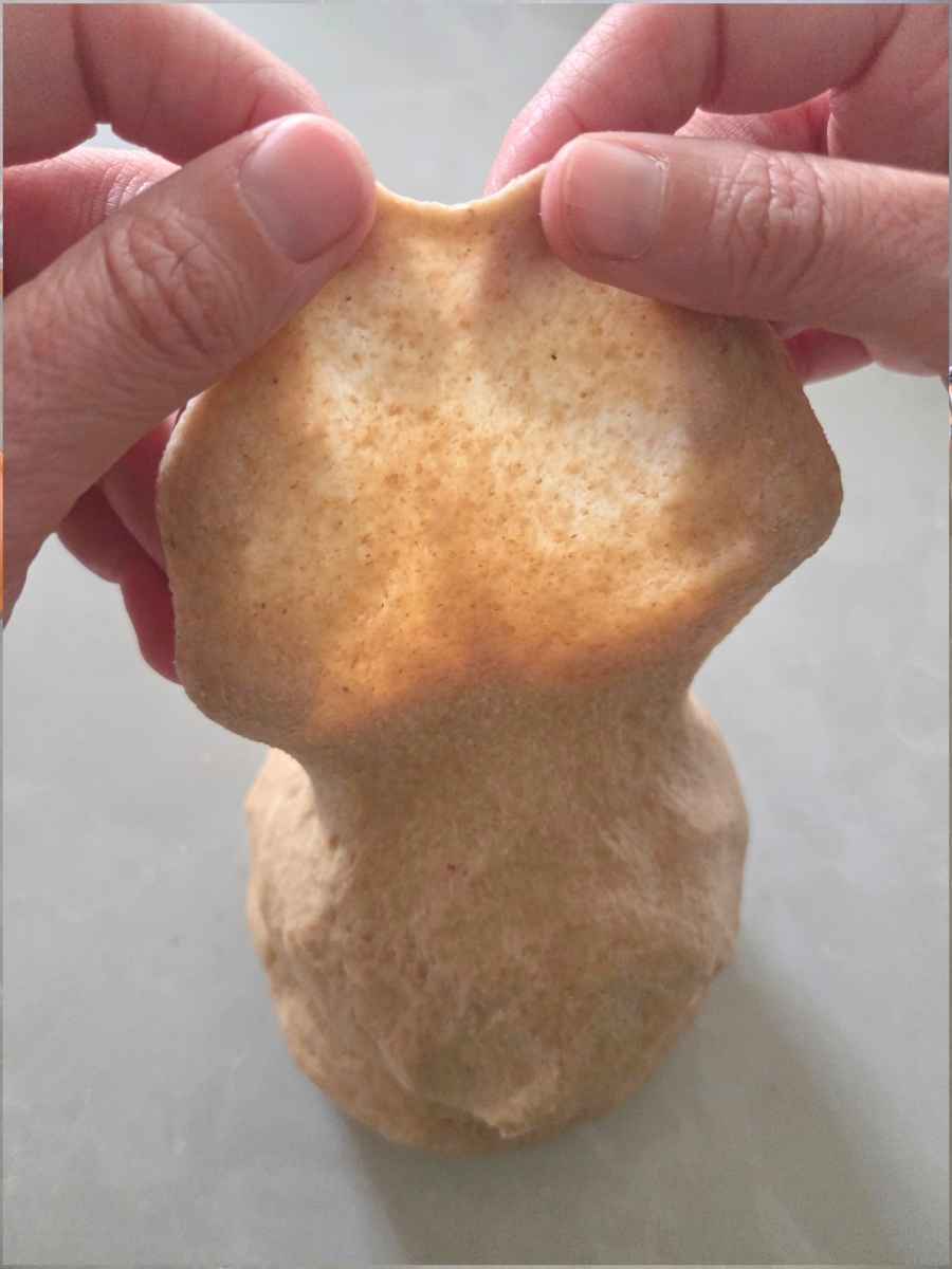 Hands gently stretching a thin piece of bread dough to check gluten development using the windowpane test.