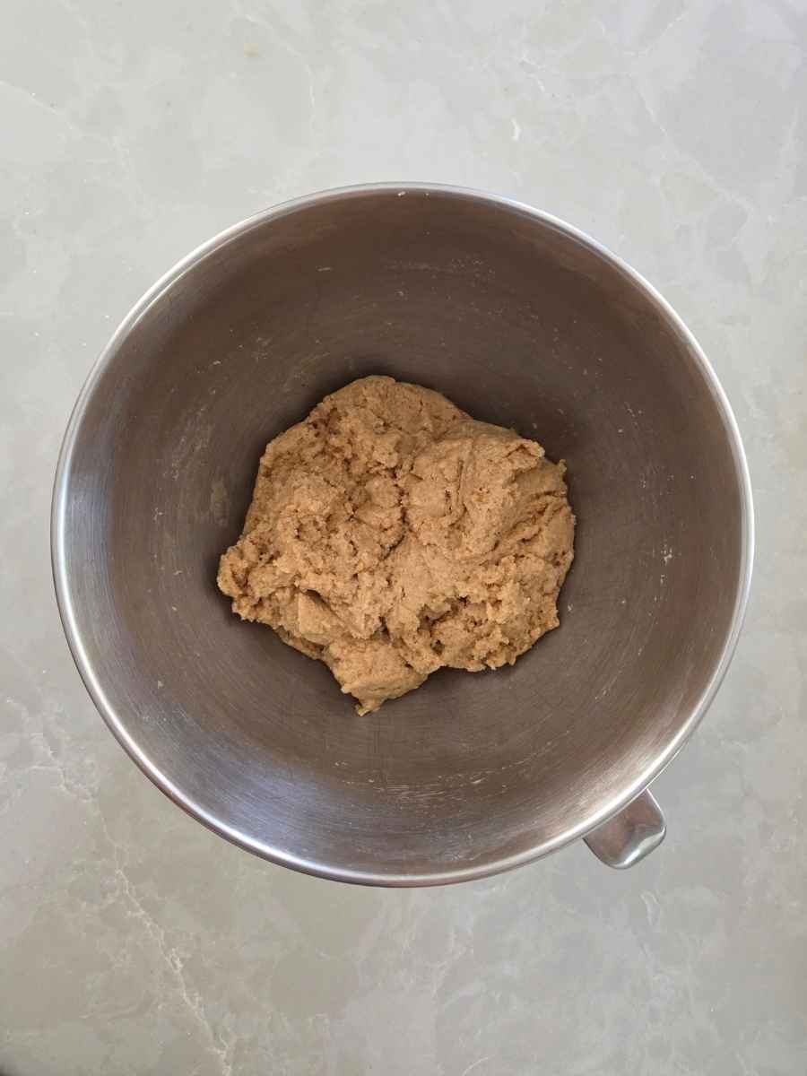 Roughly mixed whole wheat bread dough resting in a stainless steel mixing bowl before kneading.